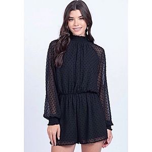 Everly Black Sheer Long Sleeve Mock Neck Romper